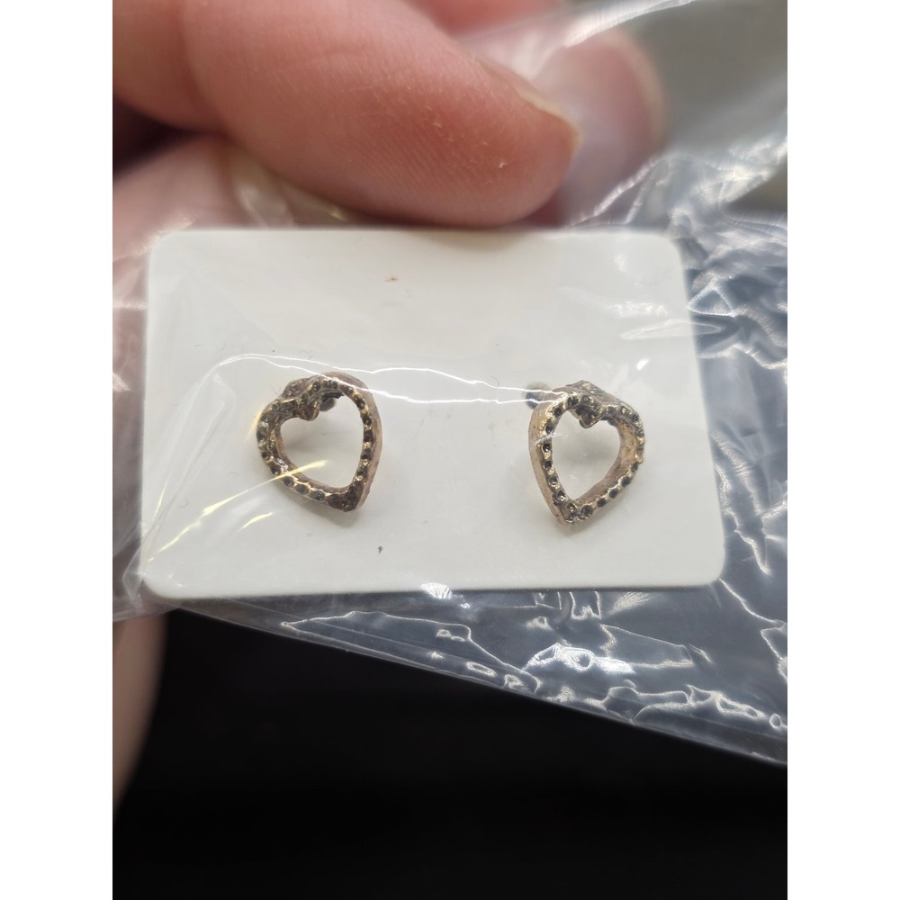 Heart Stud Earrings Open Gold Tone Small Black Stone Accents